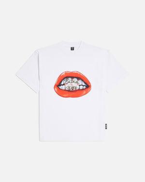 White Patta T-shirt with a large premium photo printed smile artwork