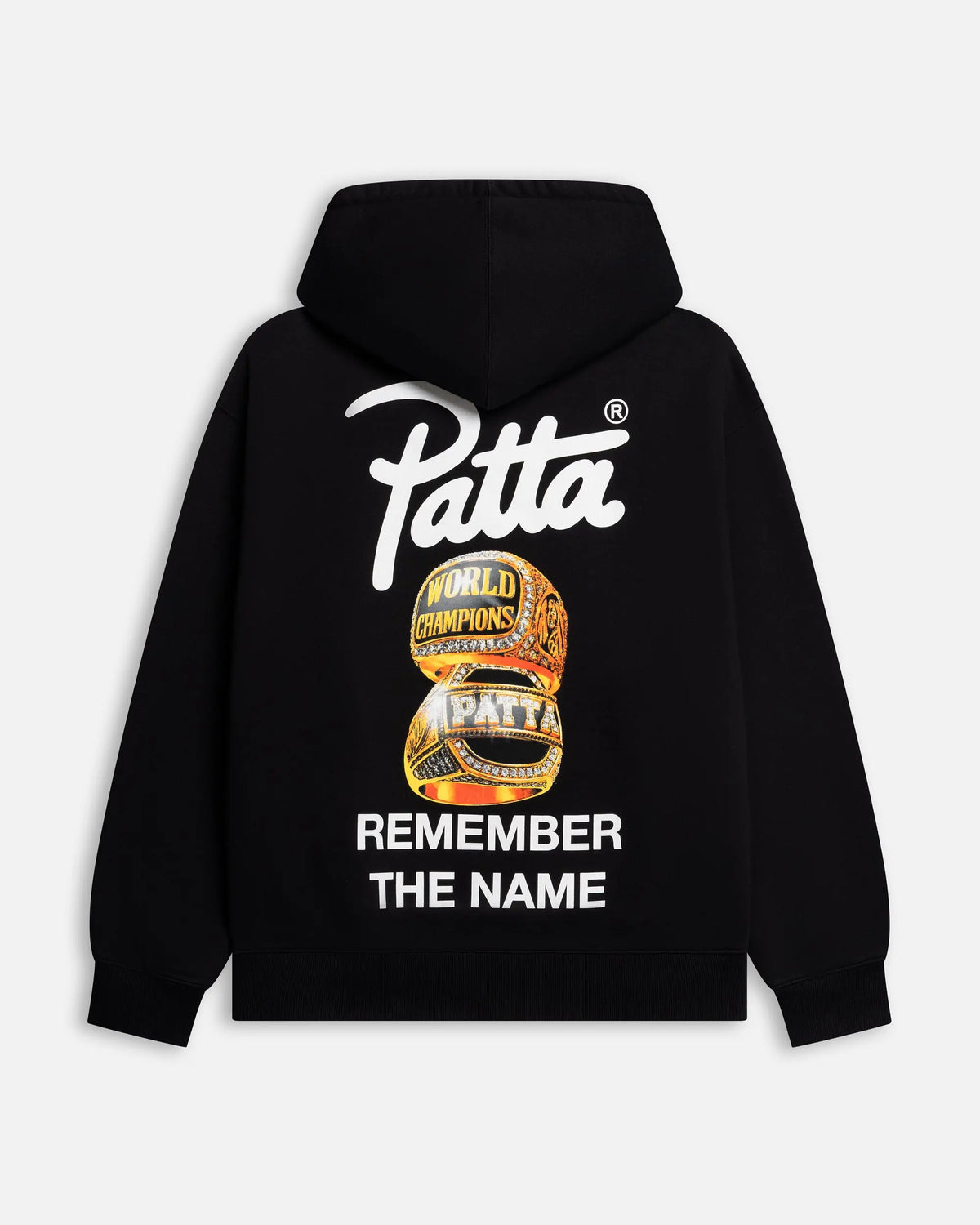 Back view of the black Patta Championship Hooded Sweater with gold championship ring graphics.